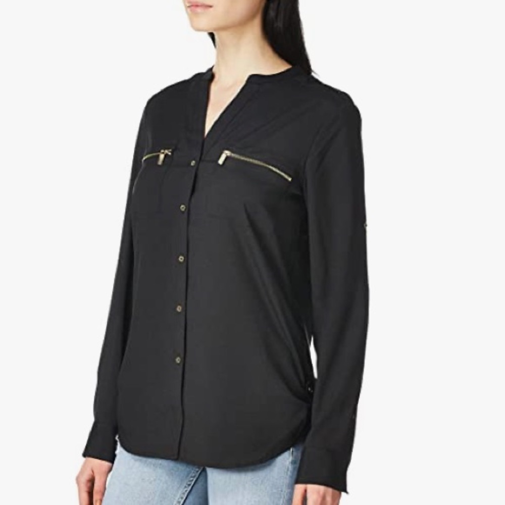Calvin Klein Modern Essential Zip-Front Button Blouse - Black - Size S